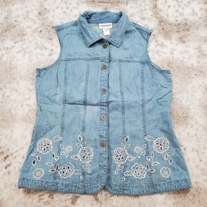 Womens Denim Vest Embroidered Flowers Cutout Beaded Size Large Serengeti